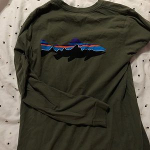 Green Patagonia Long Sleeve Fish Logo Tee